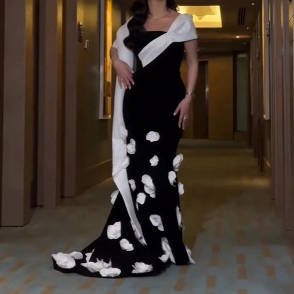 

Customized Mermaid Prom Dresses Floor-Length Off The Shoulder Sleeveless Evening Gown Fashion Flowers Simple Draped Party Gown