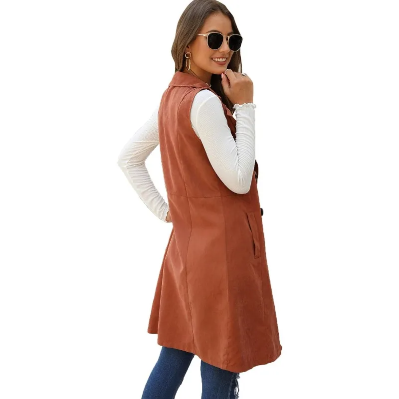 Women\'s Double Breasted Long Vest Jacket Casual Sleeveless Pocket Outerwear Longline Brown