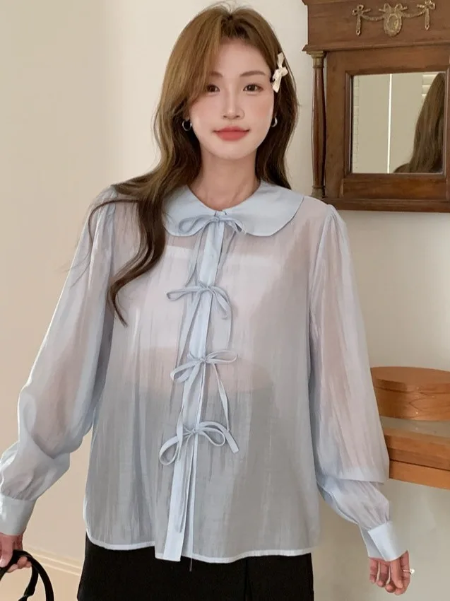 

Loose Women's irt Knot Tie Micro Transparent Doll Collar Spring New Sle Youthful Soft Versatile Long Sve Top