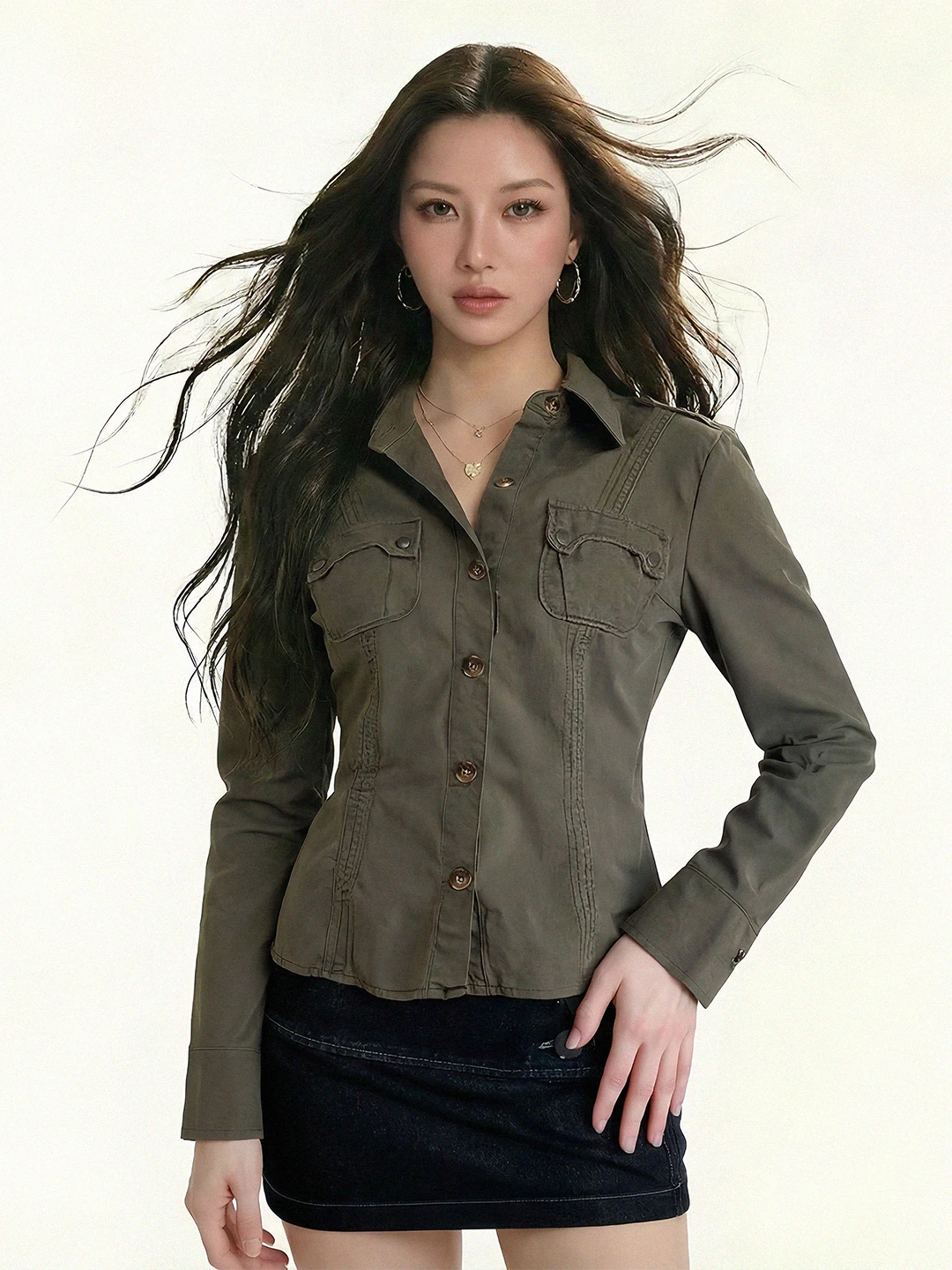 

Slim Fit American Sle irt Women's Collar Button up Workwear een Color Retro Military Street Sle Versatile Slimming Top