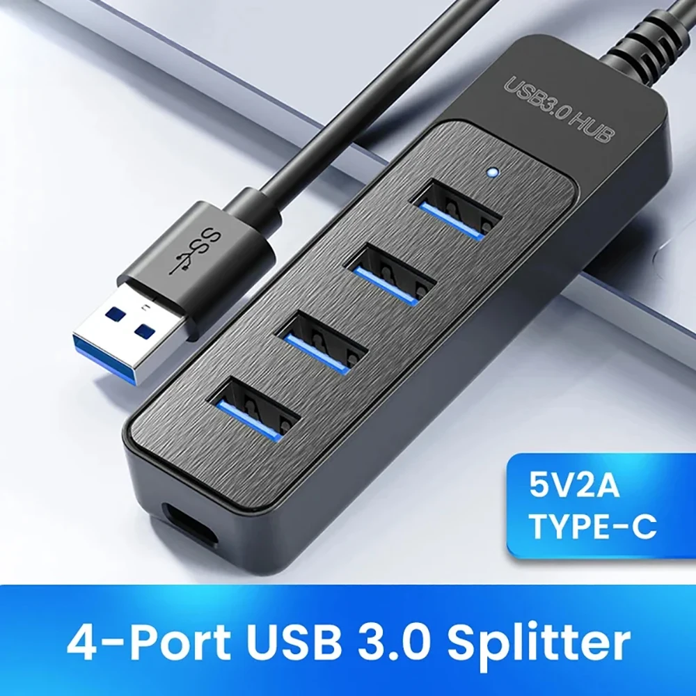 

4-портовый USB-хаб с поддержкой USB 3.0 и 2.0, высокоскоростная передача данных, разветвитель Type-C, адаптер питания для компьютеров и ПК, аксессуары для ПК.