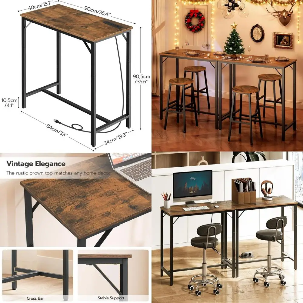 

Rustic Brown and Black Rectangular High-Top Dining Table with Charging Station, 35.4L x 15.7W x 35.6H