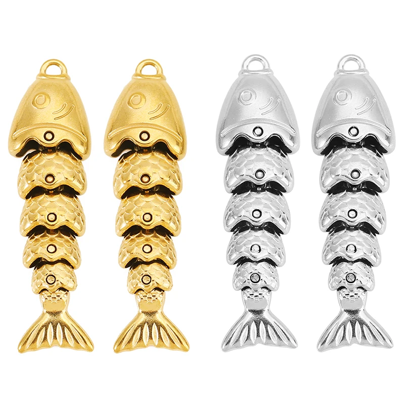 2pcs Stainless Steel Swinging Fish Charm Splice Fishbone Pendant for Jewelry Earrings Necklace Making Supplies Jewelry Materials
