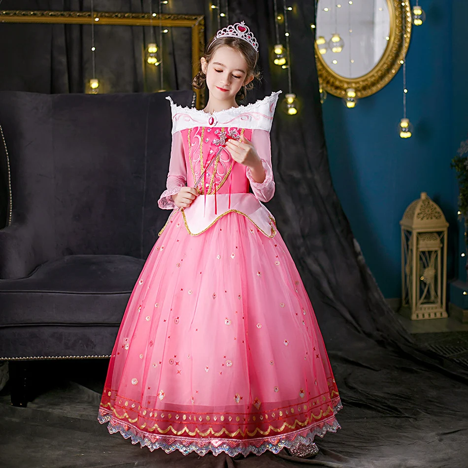 Sleeping Beauty Dress Girl Aurora Princess Clothing Long Sleeves Off Shoulder Lace Robe Kids Gorgeous Christmas Gift Fancy Dress