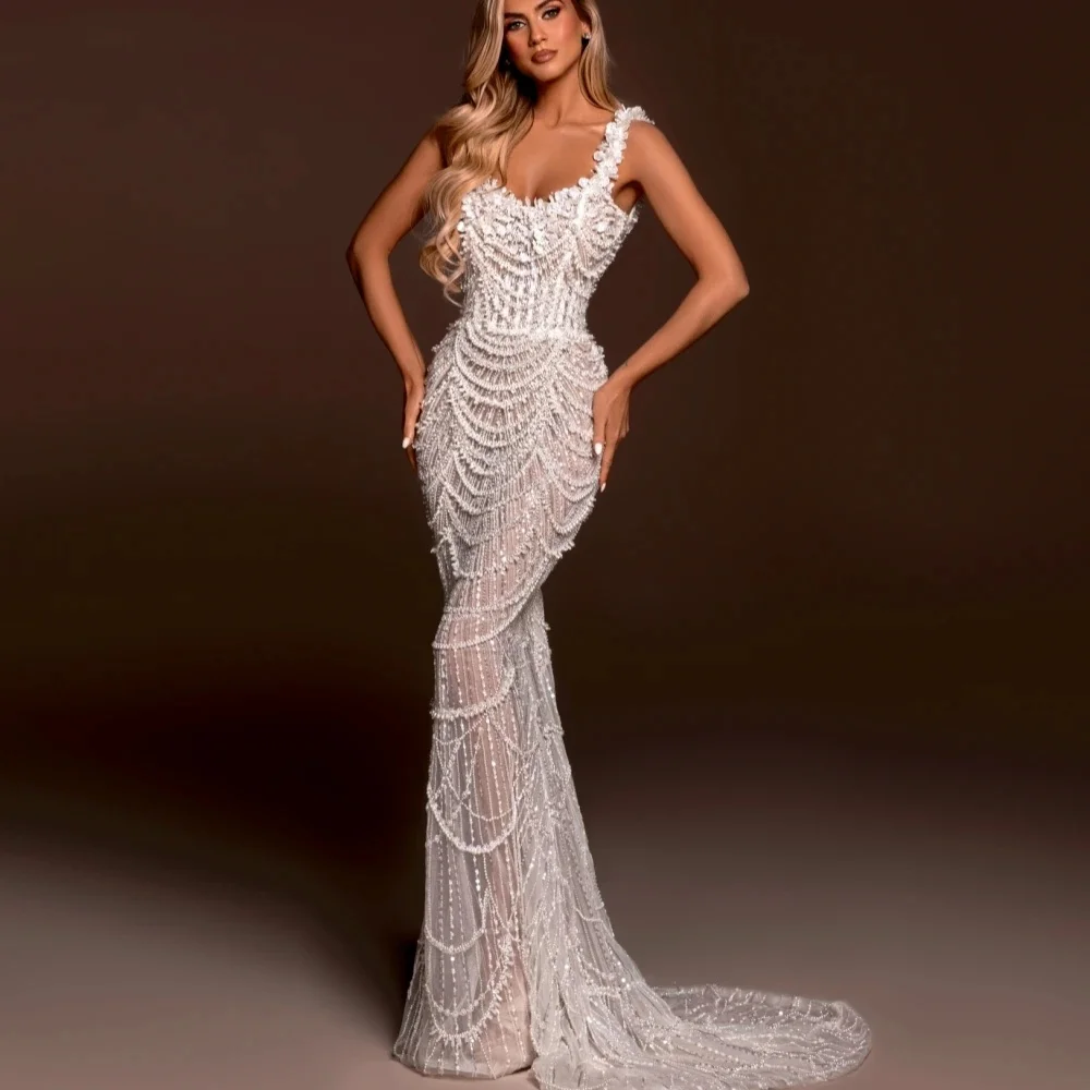 See Through Wedding Dresses Pearls Spaghetti Straps Bride Gown Backless Illusion Bridal Dress Custom Made Vestidos De Novia