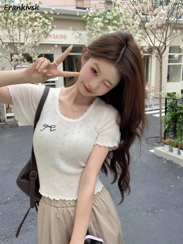 T-shirts Women Lovely Summer Lace Korean Style Sweet Cozy Youthful Charming Simple All-match Hollow Lout Shinny Fashion Students