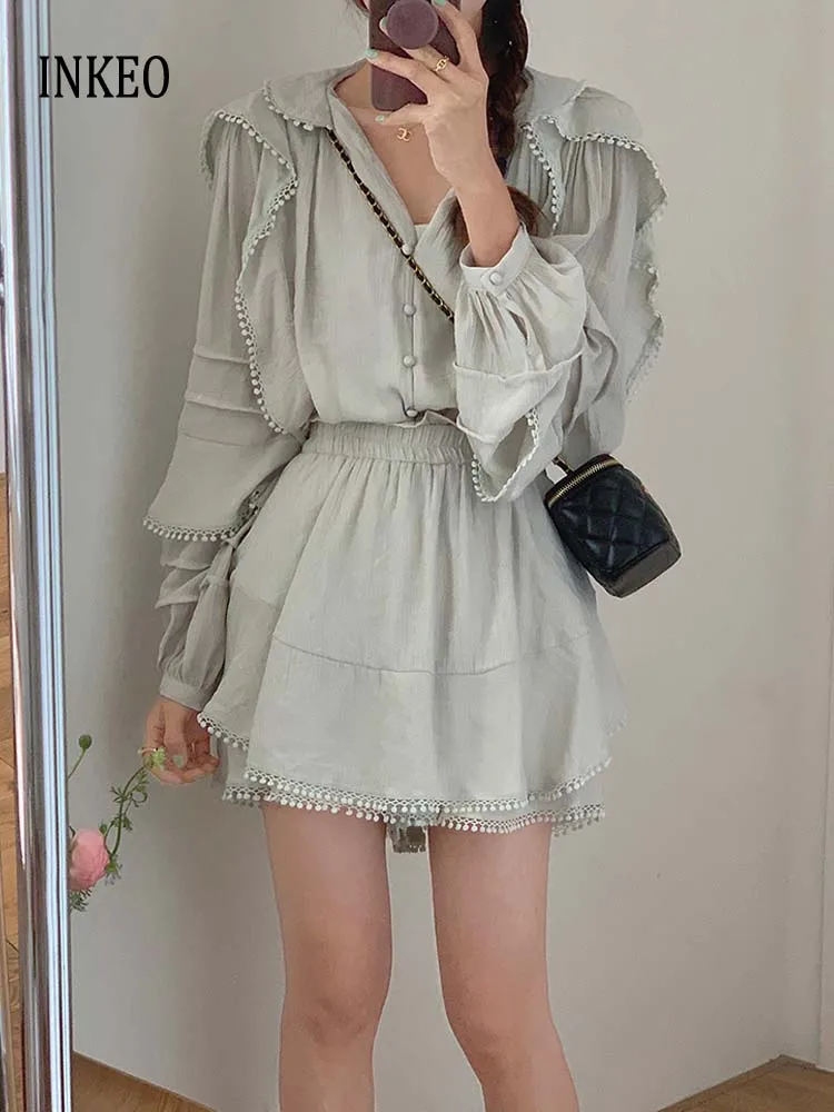 

Fashion two piece set Women Ruffled patchwork shirt Vintage Lantern sleeve tops and High waist shorts skirt 2024 New INKEO 4T139