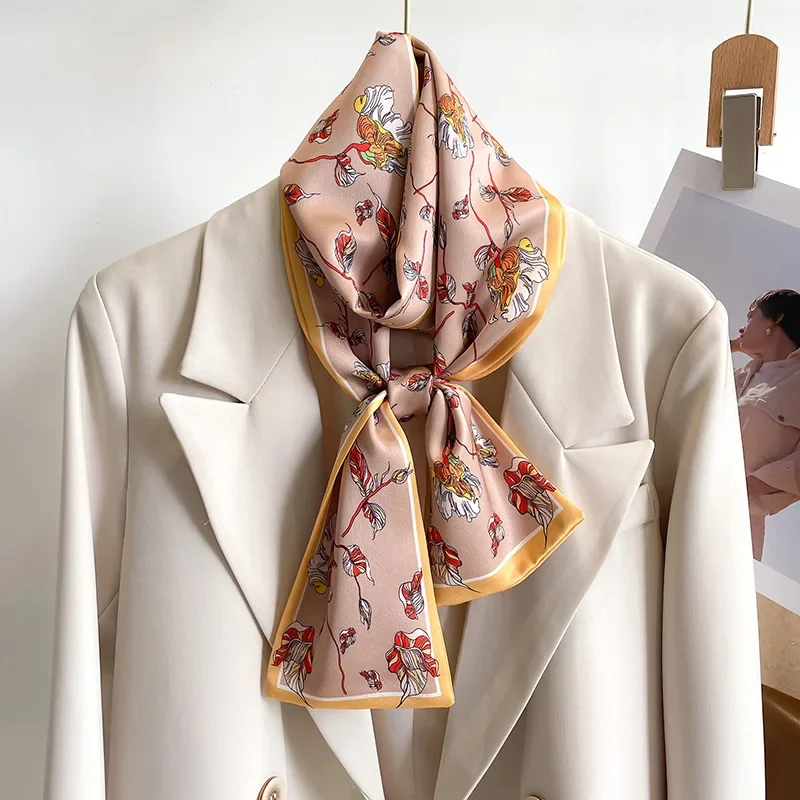 Luxury Floral Print Silk Scarf Women Foulard Hairband Long Silk Neckerchief Lady Soft Satin Headband Handle Bag Ribbon Neck Tie