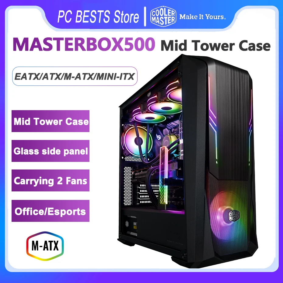 Cooler Master MasterBox500 E-ATX M-ATX MINI-ITX Case Tempered Glass Desktop Computer Mid Towe Office Chassis