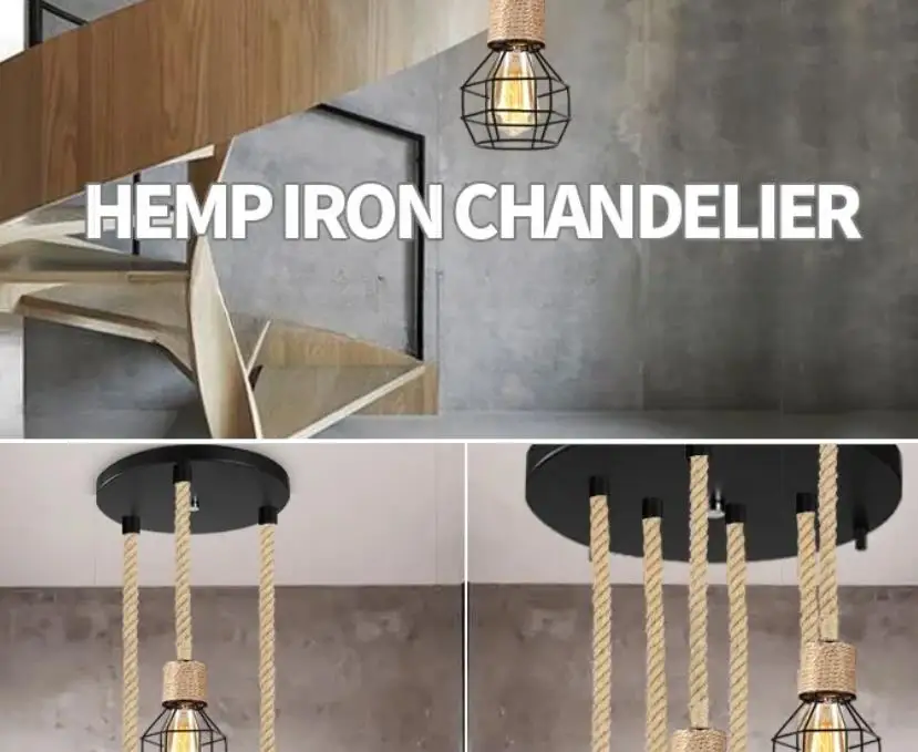

Vintage Iron Hemp Rope Iron Frame Dining Room Hot Pot Restaurant Retro Industrial Style Pendant Lamp
