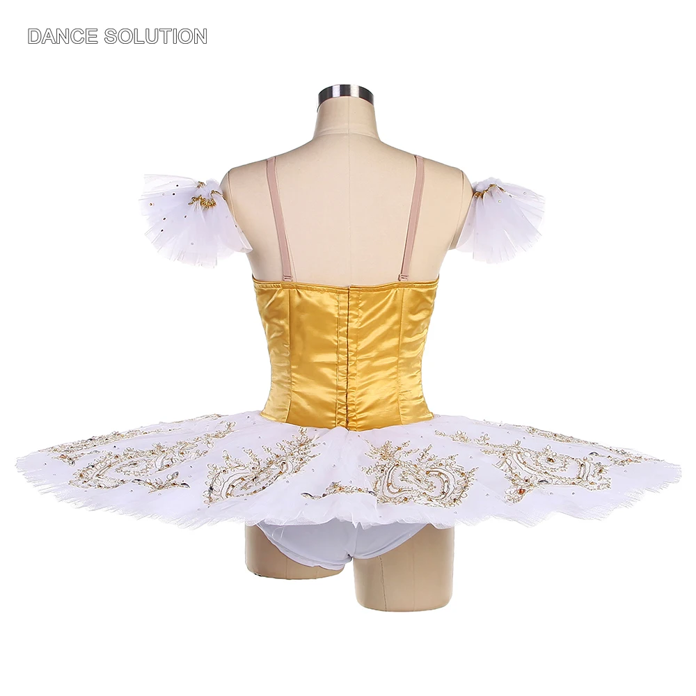 Adult Child Custom Size Ballet Tutu Dress Gold Bodice with White Pancake Tutu Skirt Professional Ballet Costume for Women B22506