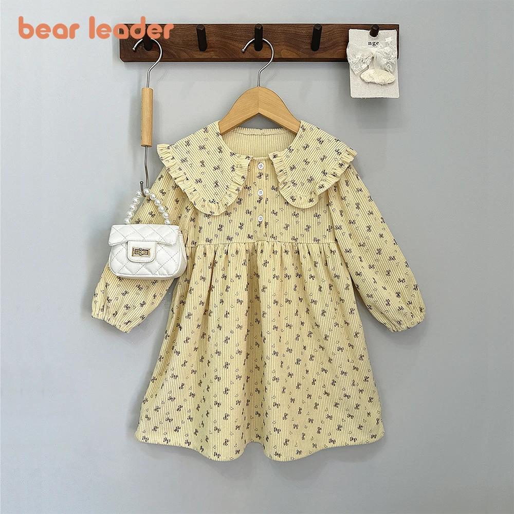 Sukienki dziewczęce Bear Leader Jesień Beżowy Urocza Lalka Dekolt Casual Kokarda Nadruk Długi Rękaw Modne Codzienne Ubrania Dziecięce