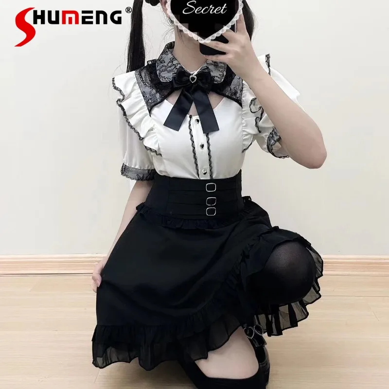 

New Japanese Lolita Original Mine Mass-Produced Lace Neckline Hollow Shirt Asian Culture Single-breasted Bowknot Blusas Feminina