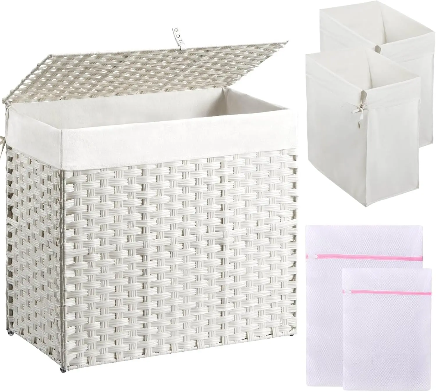 

Складная корзина для белья 125 л с крышкой, 2 съемных вкладыша и сетчатые сумки, синтетический ротанг ручной работы для спальни, ванной комнаты