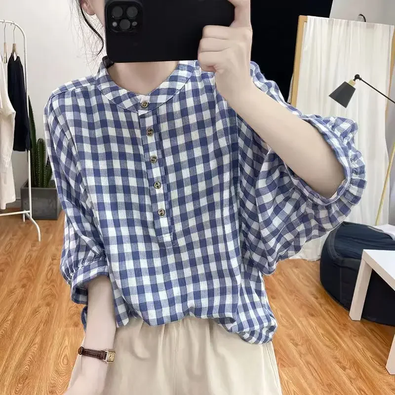 

Plaid Fashion Woman Blouses Retro Loose Cotton T-shirt Shirts Mid-sleeve Button Casual Top Camisas De Mujer 2024 X734