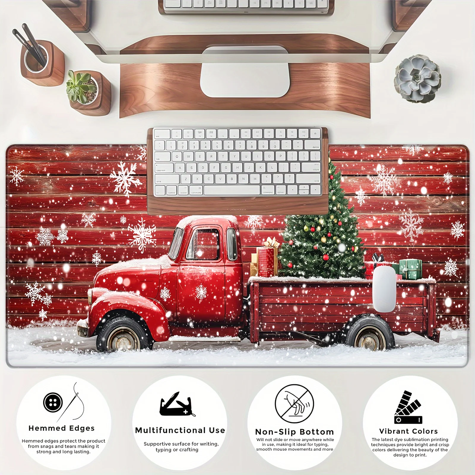 Tappetino per mouse con albero di Natale e camion rosso con base in gomma antiscivolo e bordi cuciti - Tappetino da scrivania festivo esteso di grandi dimensioni per la casa O