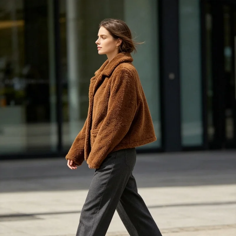 Damen-Kurzmantel mit Reverskragen, Sherpa-Teddy-Optik, Knopfleiste vorne, flauschige, weiche Plüschjacke mit Taschen, Winter-Freizeit-Oberbekleidung – Detail 5