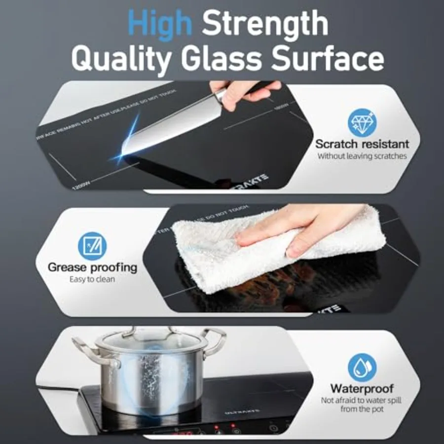 Piano cottura portatile a doppia induzione 1800W 2 fuochi con sensore touch 10 livelli di potenza di temperatura Blocco di sicurezza timer 8 ore Nero