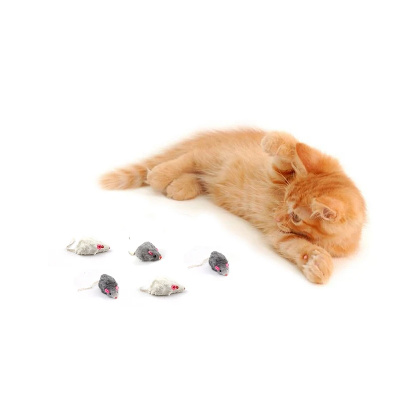 LJL-12Pcs False Mouse Cat Pet Toys Cat Long-Haired Tail Mice Sound Rattling Soft Real Rabbit Fur Sound Squeaky Cat Toy