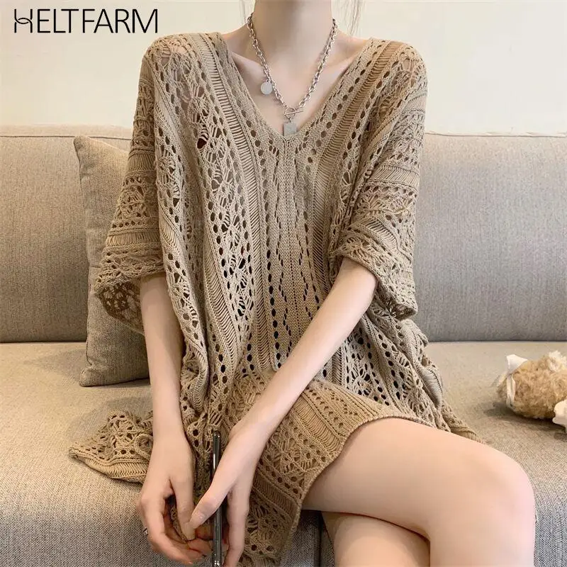 

Summer Thin Sweater Women Mid-sleeve Hollow Knitted Top Fashion Casual Loose Crocheted Jumper