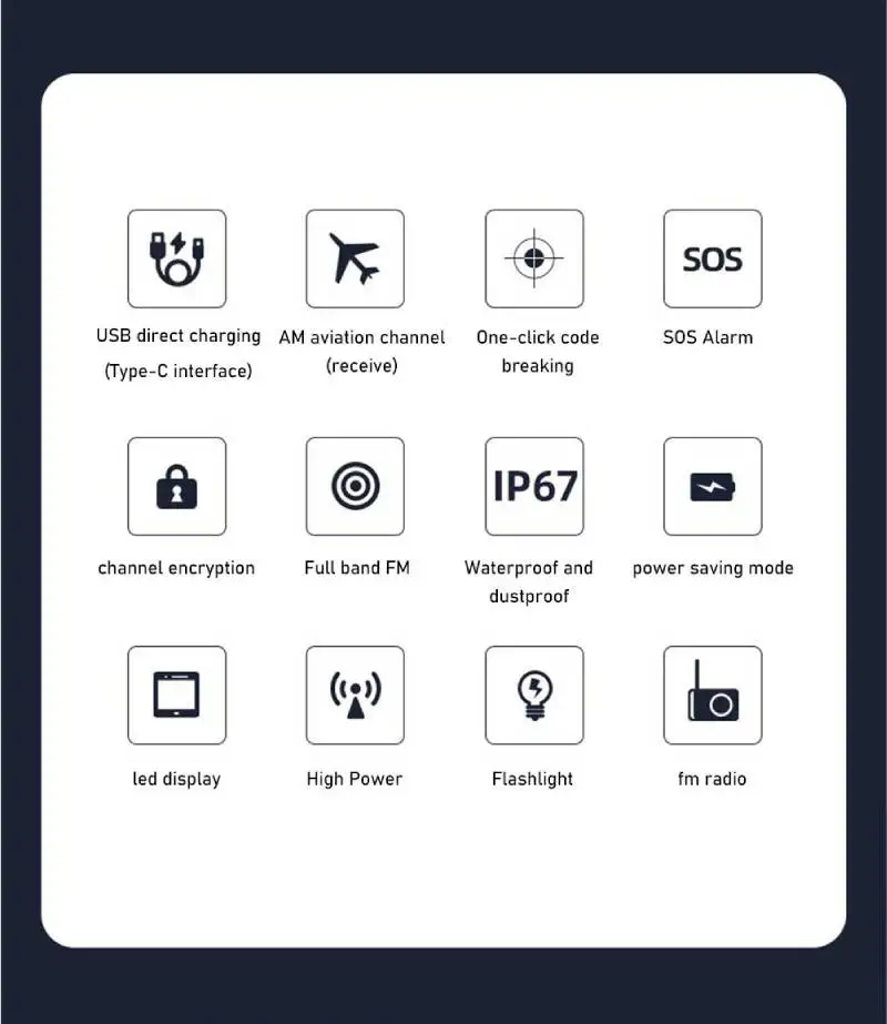 Walkie Talkie IP67 senter LED 256 saluran, Senter LED tahan air dengan fitur Alarm SOS VHF/UHF daya tinggi, Radio genggam dua arah