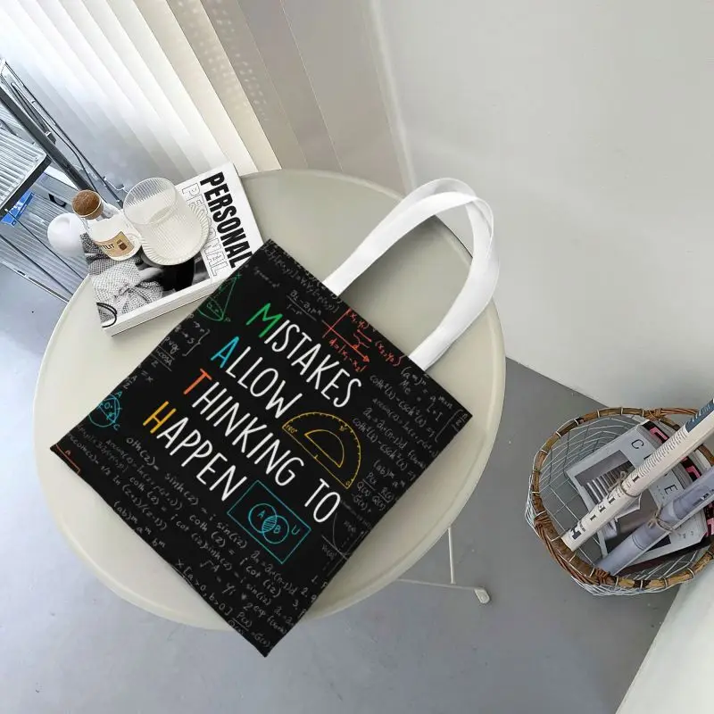 Fashion Printed Mistakes Allow Thinking To Happen Tote Shopping Bag Portable Canvas Shoulder Shopper Math Teacher Quotes Handbag