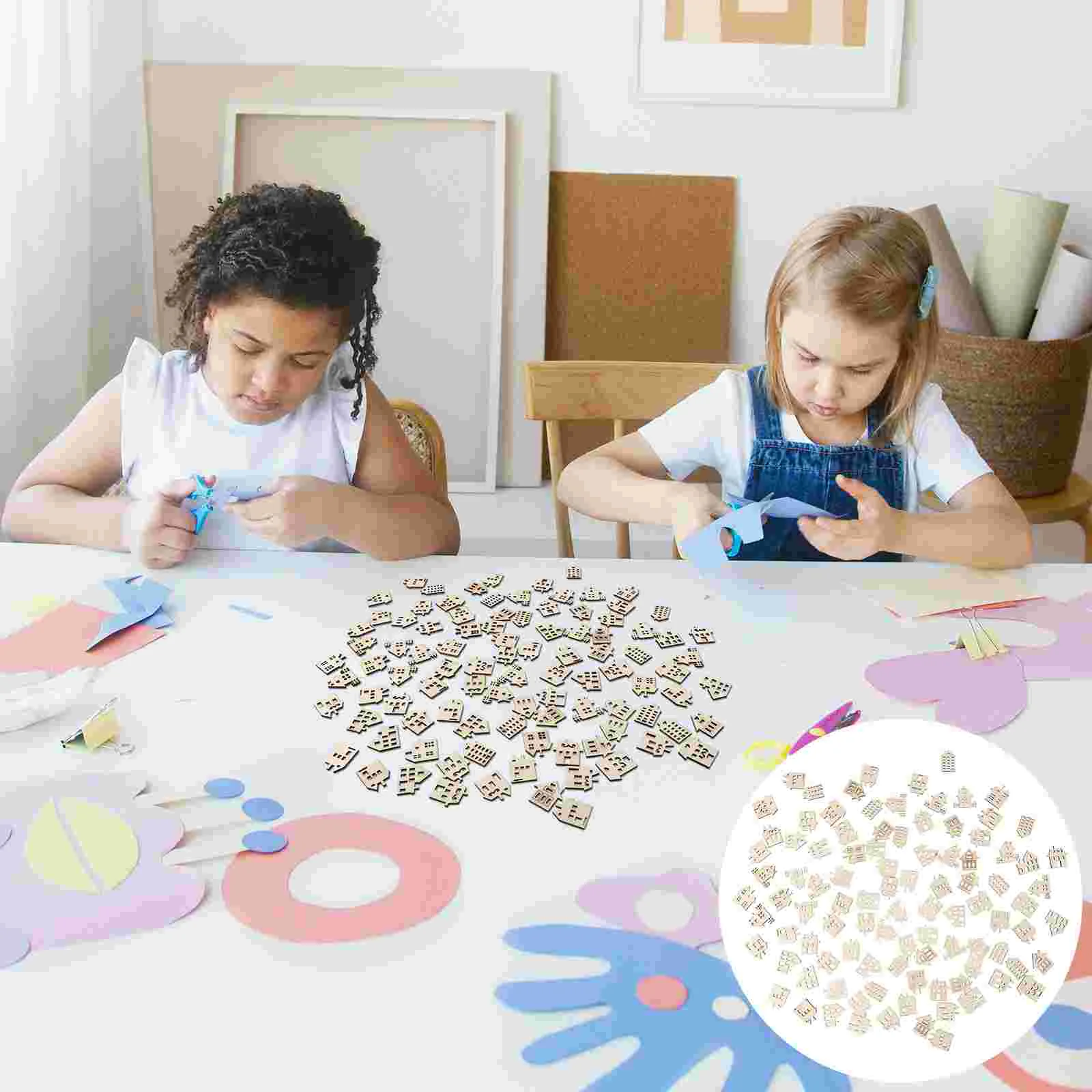 100 Pcs House Doodle Wood Chips DIY Graffiti Crafts Supplies Kids Hand-painted Toys Ornaments for