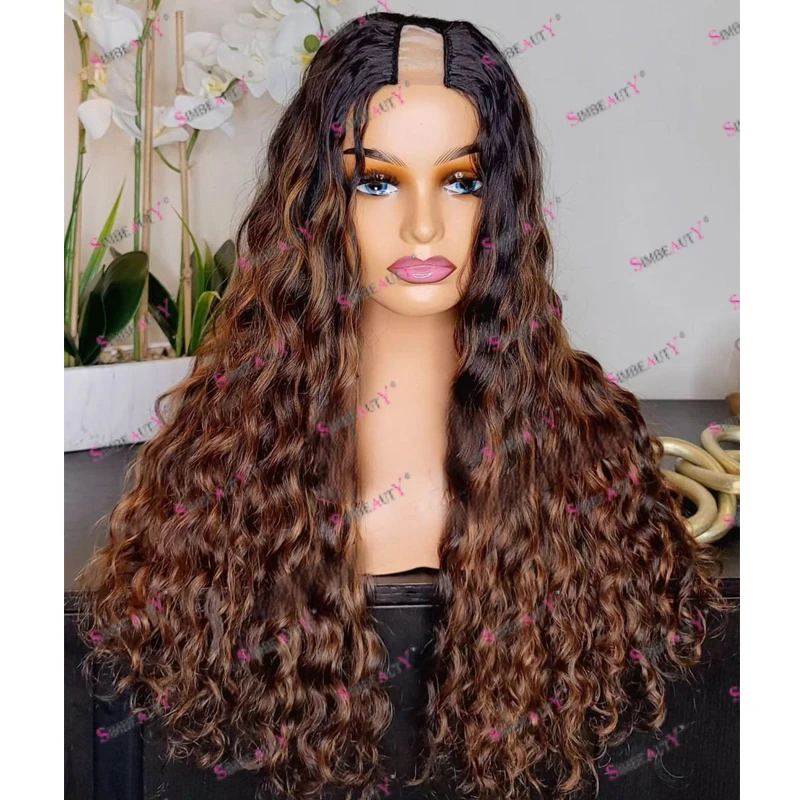 

Natural 100% Remy Human Hair 1x4 V Part Wigs for Black Women Glueless U Part Ombre Golden Brown Natural Wave Half Wigs Full Ends