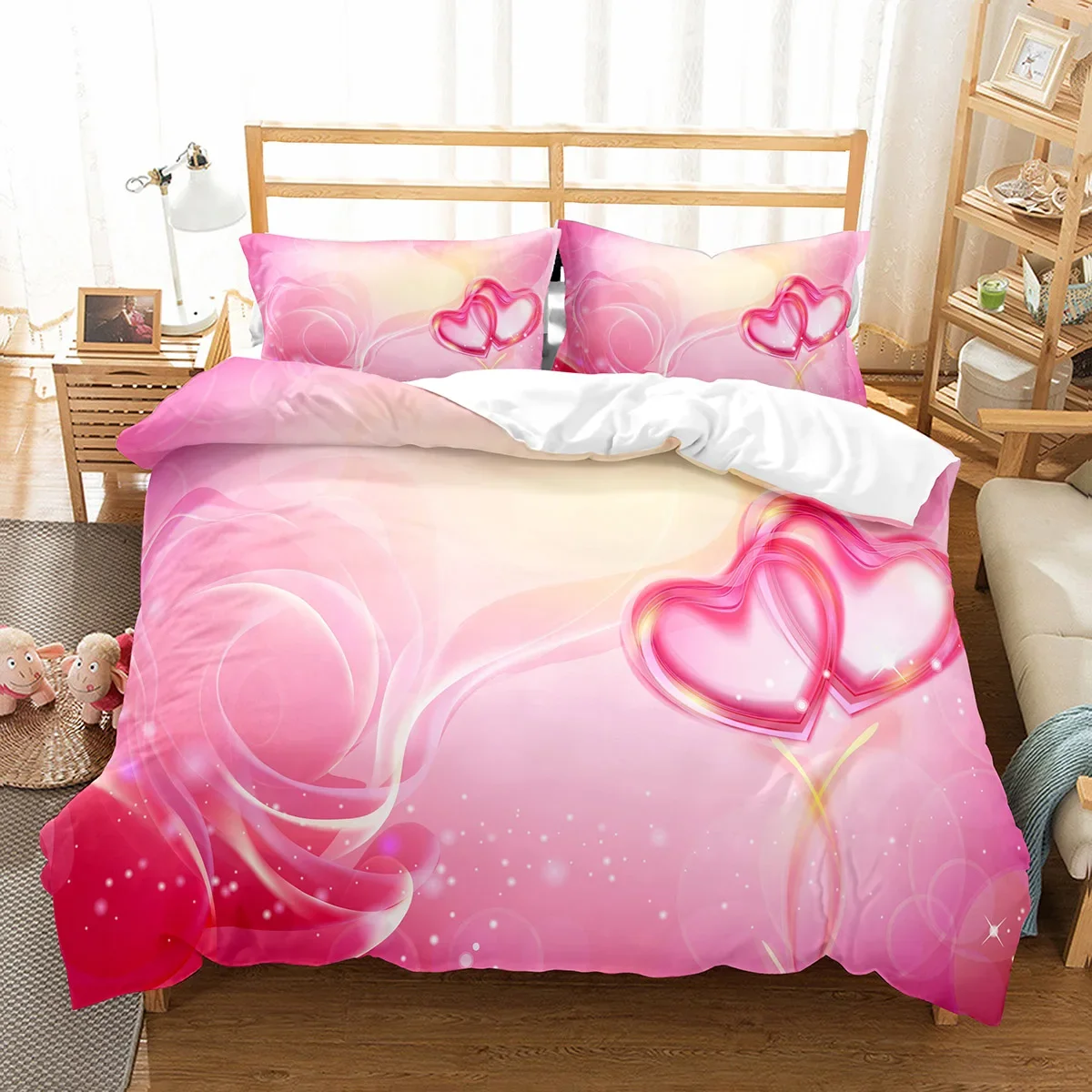 Single-sided Love Heart Printed Comforter, Comfortable Bedspreads, Duvet, King and Queen Bedding Sets, 3PCs