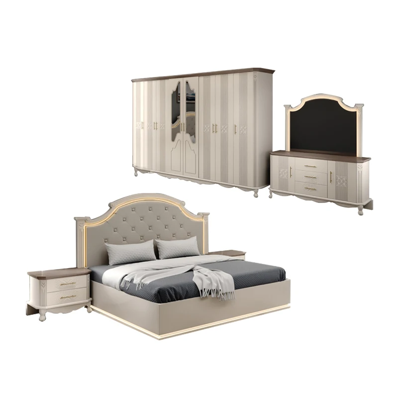 

&Contemporary Classic Wooden Double Leather King Size Bed Set Home Queen Modern Luxury Solid Wood Full Furniture Bedroom Sets