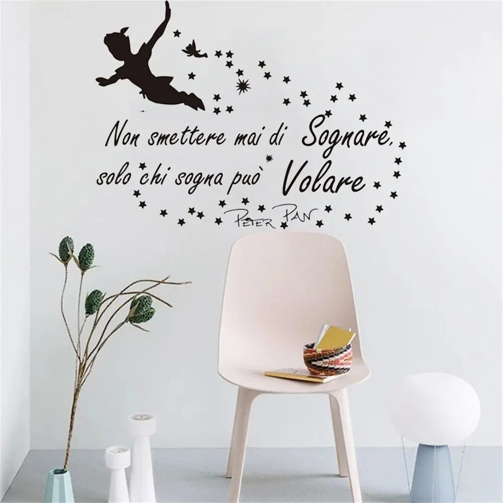 Cartoon Italian Quote Peter Pan Wall Sticker Nursery Kids Room Peter Pan Fly Italian Never Stop Dream Inspiral Quote Wall Decal