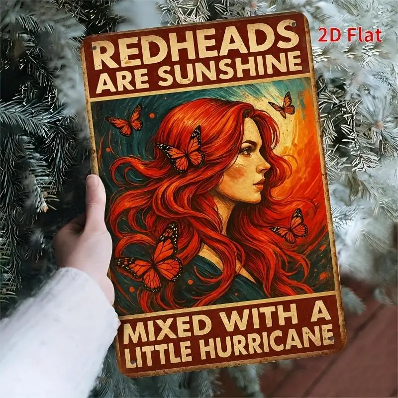 Sign Red-Haired Girl Is A Mix of Sunshine and Little Hurricane Vintage Wall, Featuring A Vibrant Red-Haired Girl and Butterflies
