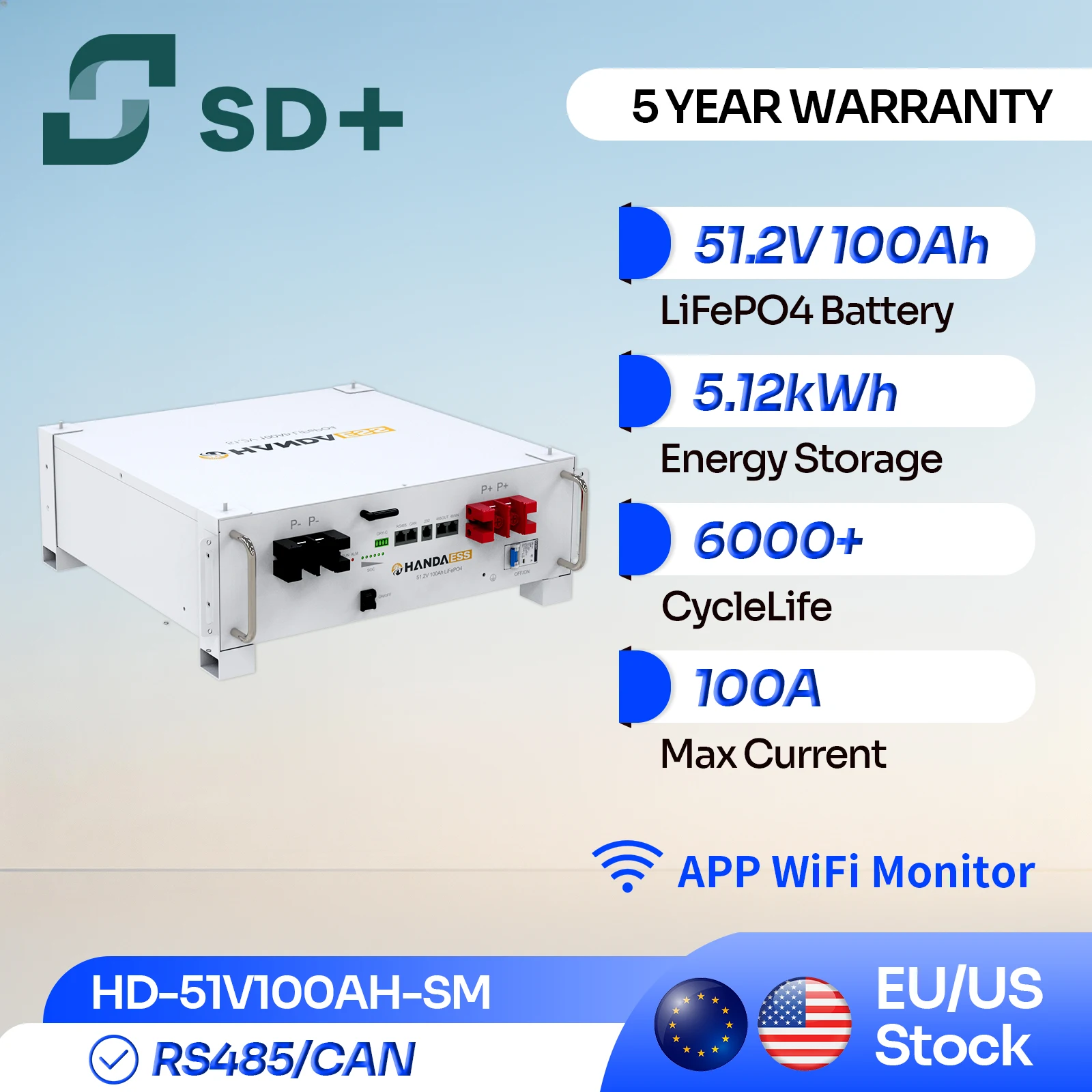 SANDISOLAR 51.2V 100Ah LiFePO4 Battery 5.12kWh Home Energy Storage System with BMS 6000+ Cycles for Solar Inverter Off-Grid