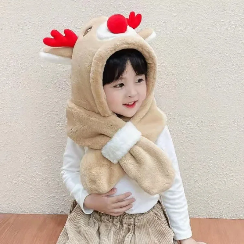 Baby scarf two-piece cartoon Christmas elk autumn and winter plush scarf girls thickened warm hat children's plush hat