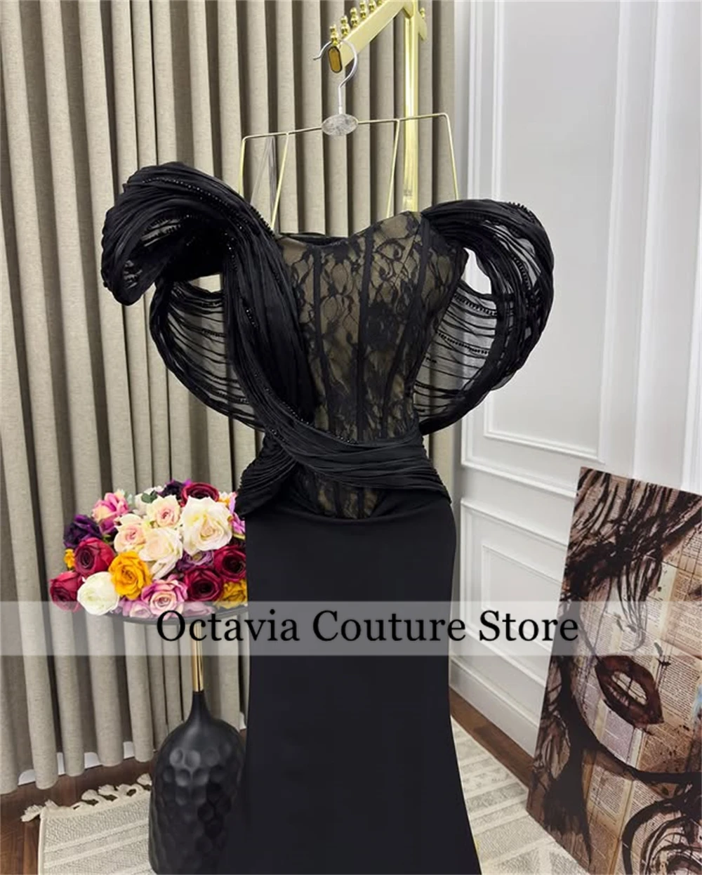 Precioso vestido De noche negro personalizado con hombros descubiertos, vestidos De graduación con volantes árabes, vestidos De fiesta formales De encaje De Dubái, bata De Bal