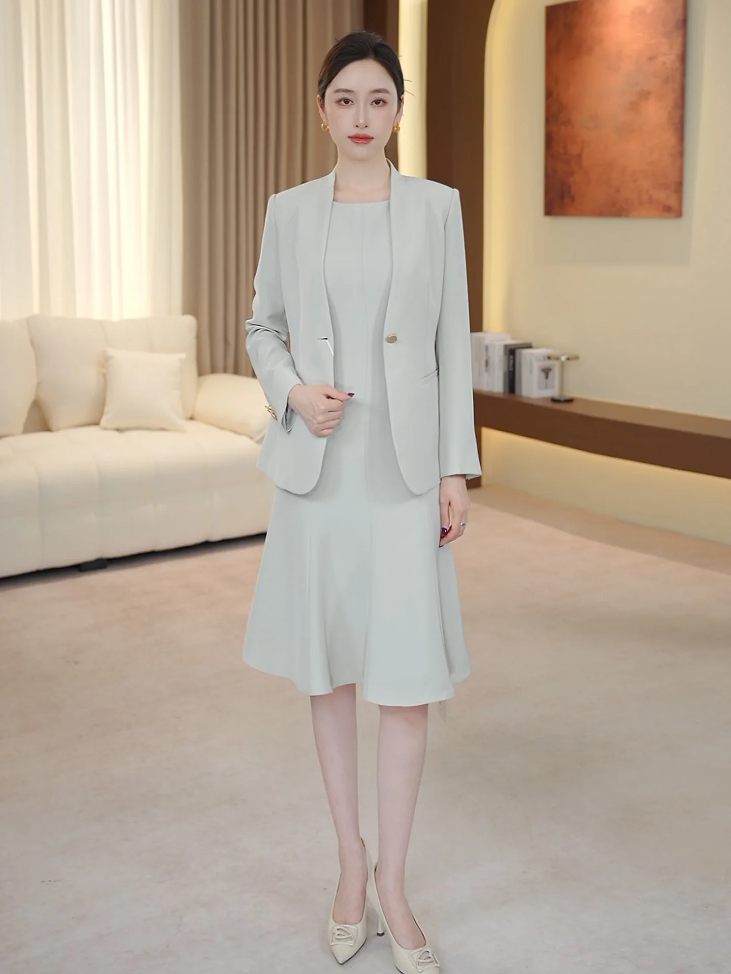 

Green One-Button Suit Set Women's Spring 2026 New Style Sleeveless Dress Two-Piece Set Fashionable Casual Wear for Ladies