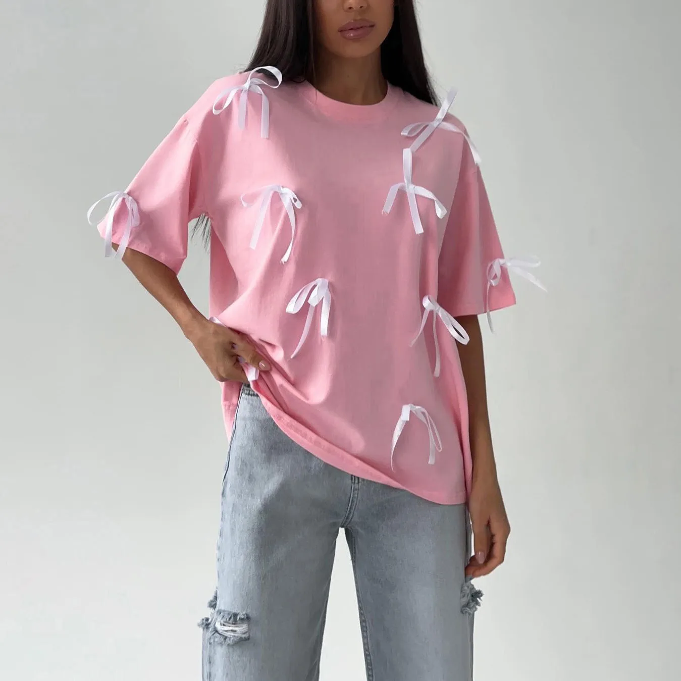 Odzież Damska Casual Oversized Shirts Tops With Bow 2024 Nowa Letnia Moda Elegancka Koszulka z Krótkim Rękawem Okrągły Dekolt Tees Y2k