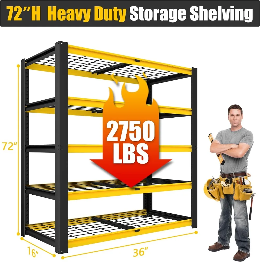 Heavy Duty Storage Shelves  Adjustable Garage Wire Shelving Unit, 5 Tier Industrial Metal Shelf Standing Utility