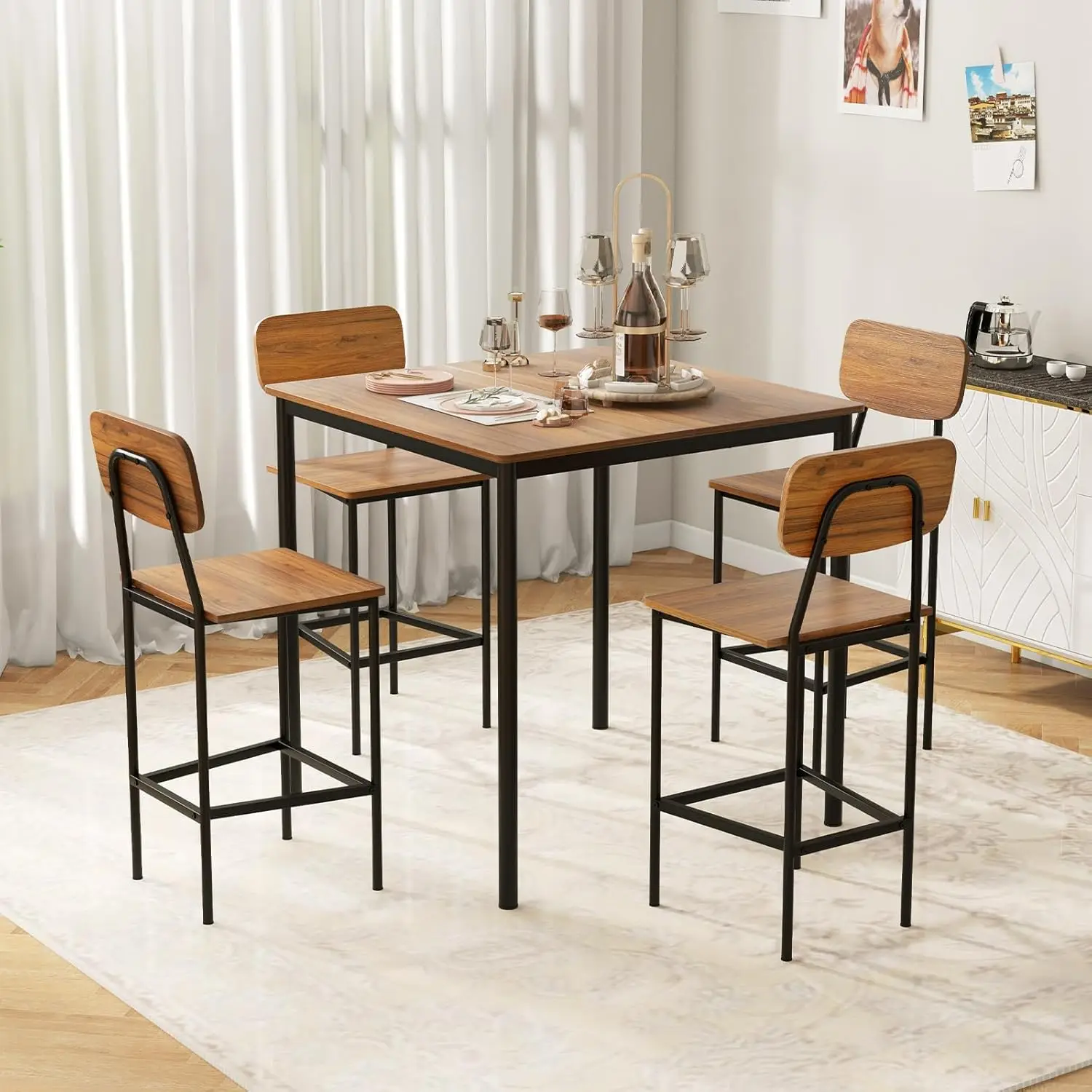 5-Piece Dining Table Set W/Counter Height Table & 4 Bar Stools, Industrial Kitchen Dining Table Set W/Footrest & Backrest