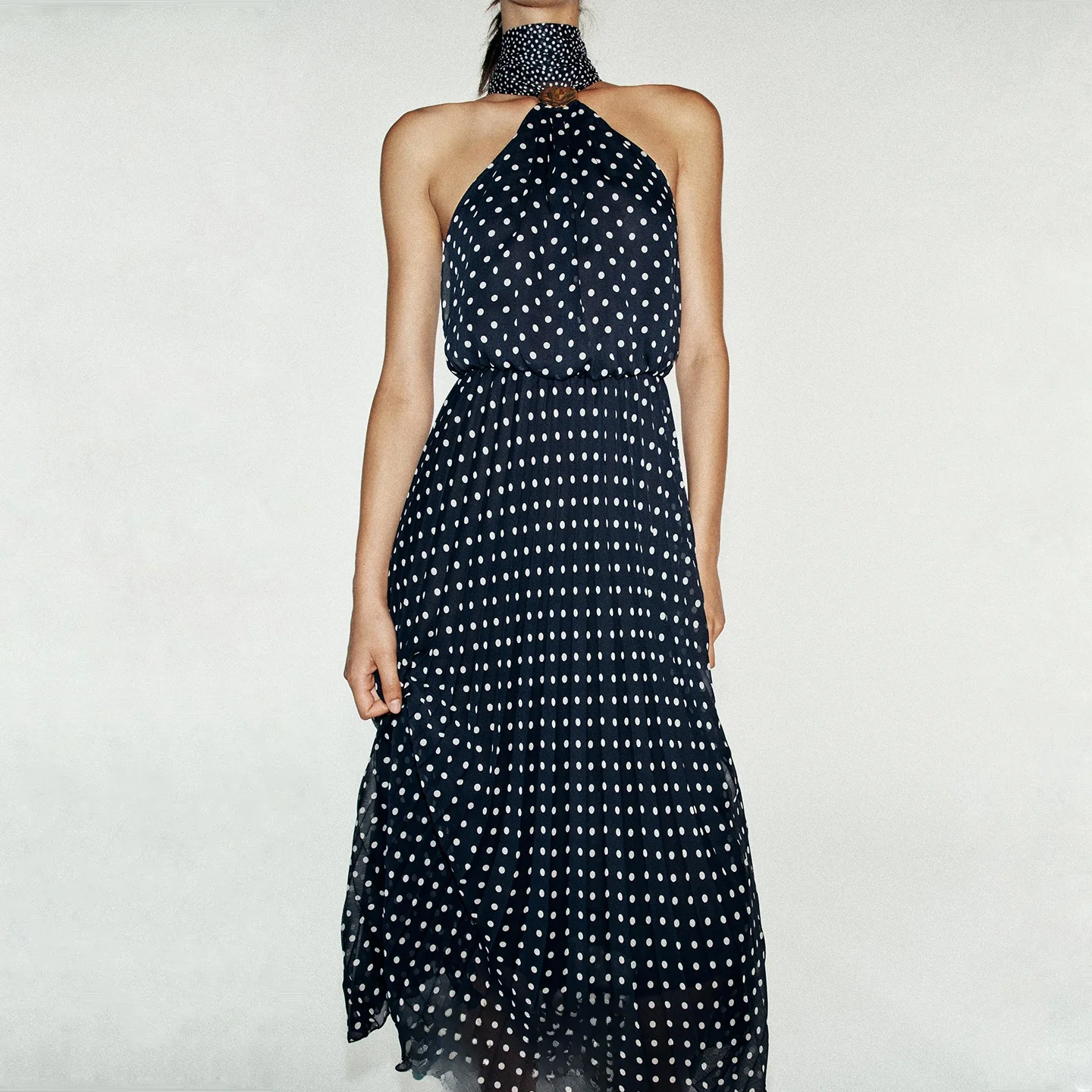 Fashionable Polka Dot Midi Long Dress Neck Hanging Design Women's Dress Casual Style Autumn Collection Zadata Brand Gown
