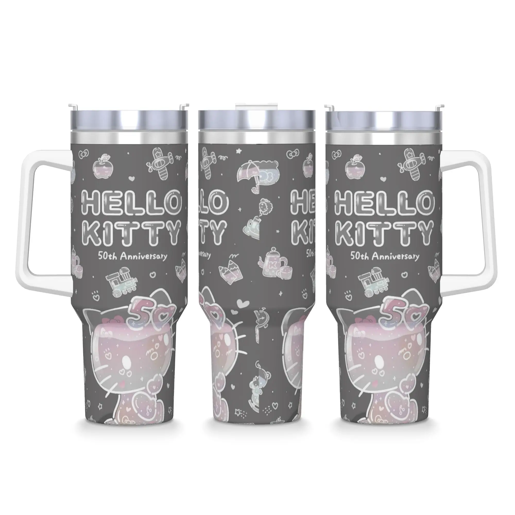 

Hello Kitty 50 Anniversary Stainless Steel Tumbler Mug With Straws and Lid Large Capacity Car Mugs Cold and Hot Water Bottle