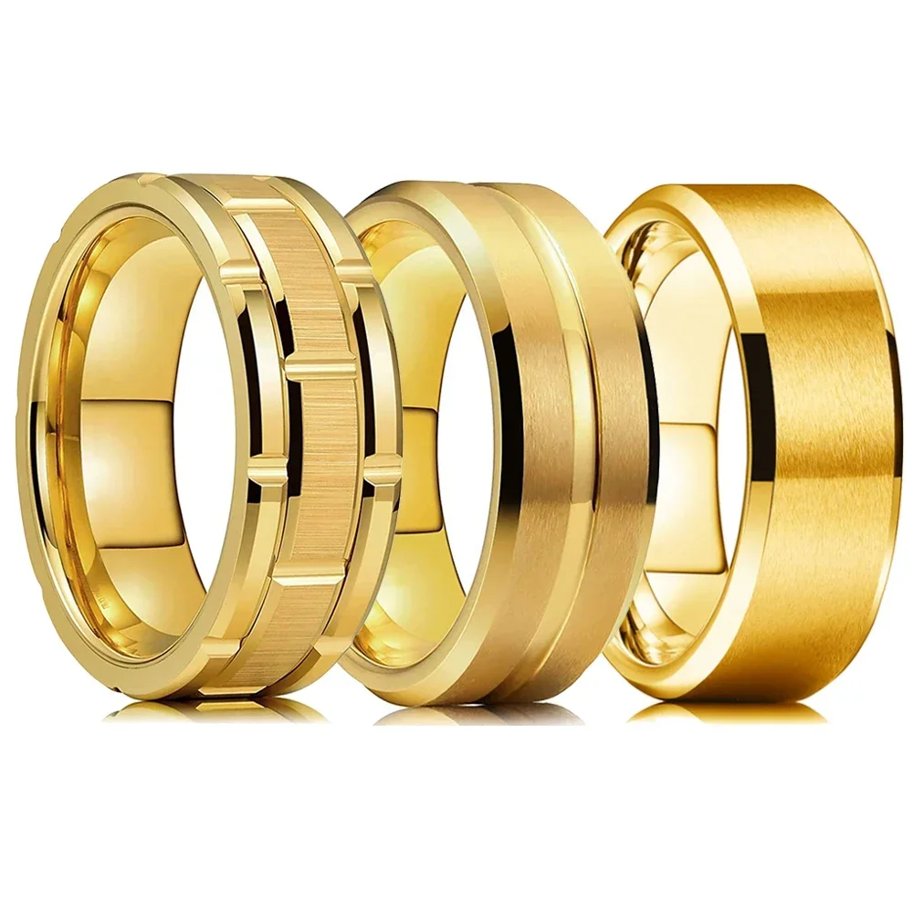 2021 Trendy Men's 8mm Gold Tungsten Wedding Band Rings Double Gold Groove Beveled Edge Stainless Steel Engagement Rings For Men