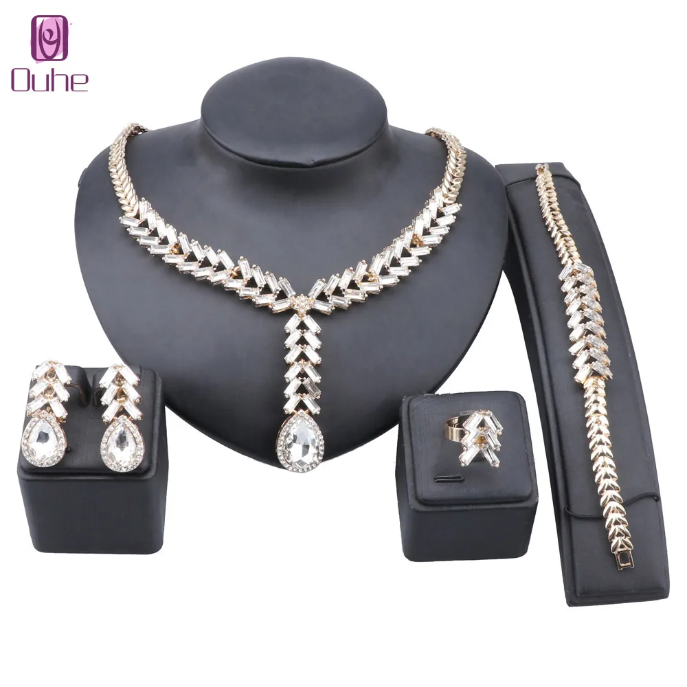 Women's Wedding Rhinestones Crystal Statement Pendant Necklace Dangle Earrings Bracelet Ring Party Jewelry Set