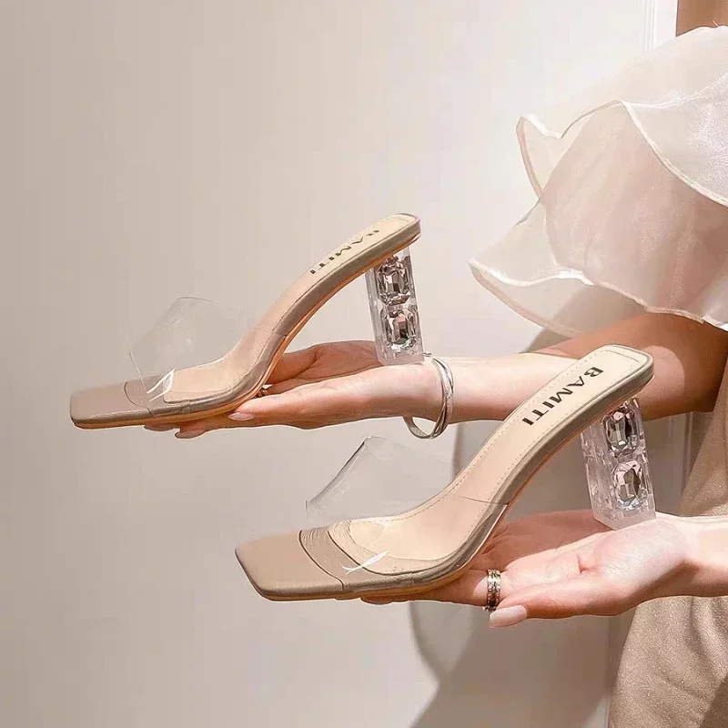 Sandali con punta quadrata da donna con tacchi alti trasparenti estivi pantofole con tacco da sposa con tacco alto trasparente da donna