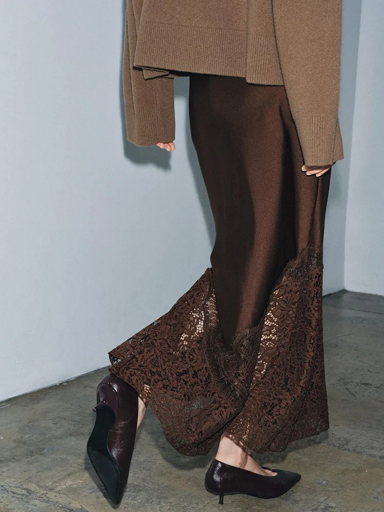 High-End Women's Silk Satin Long Dr with Lace Trim Winter New Arrival Ele Ethnic Stage Costume Premium Quali