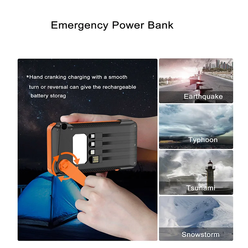 20000mAh Portable Solar Power Bank With Hand Crank Battery Charger Built in cable Powerbank for iPhone 15 Xiaomi Samsung Huawei