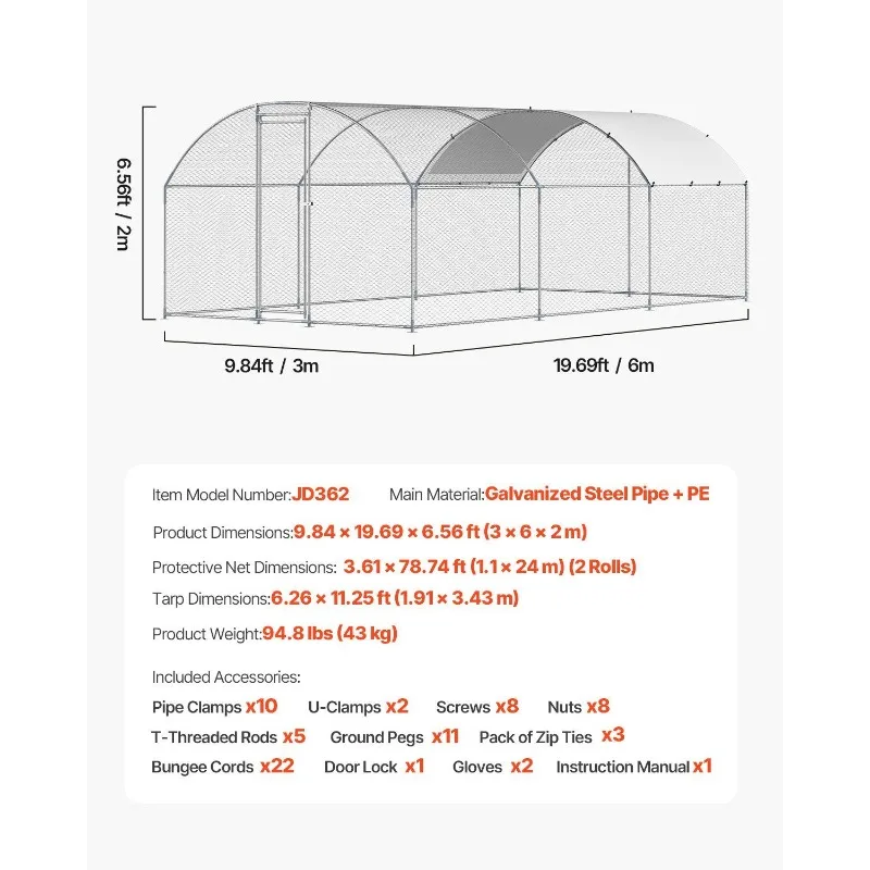 Pollo Coop in metallo 9,8x19,6x6,5 piedi Corsa per polli con copertura Doom Tetto