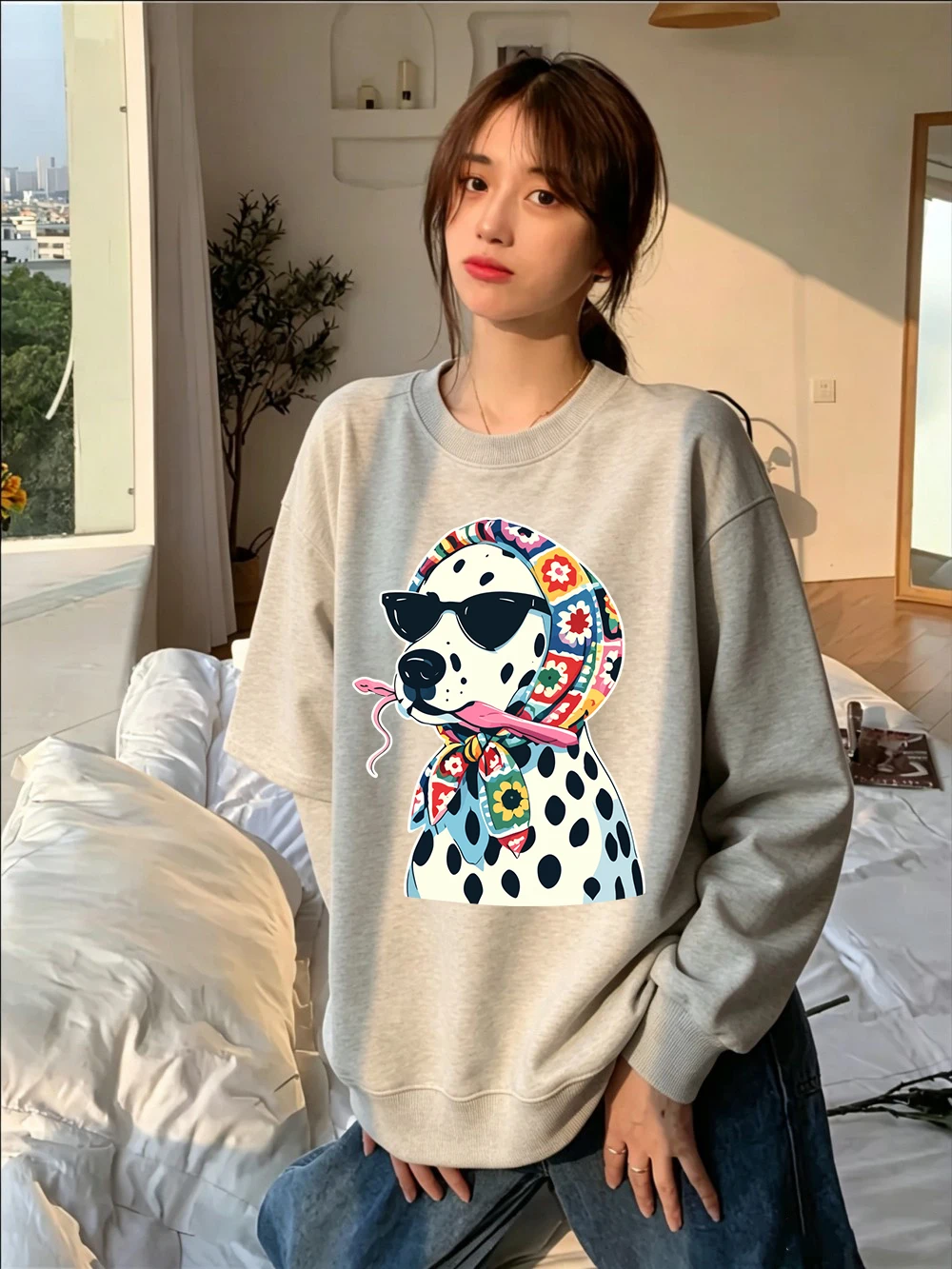 Blumenmuster Kopftücher Gepunktete Hunde-Prints Sweatshirts Damen Lose Basic-Hoodies Fleece Warme Rundhals-Pullover Winter Damen-Oberteile – Detail 13