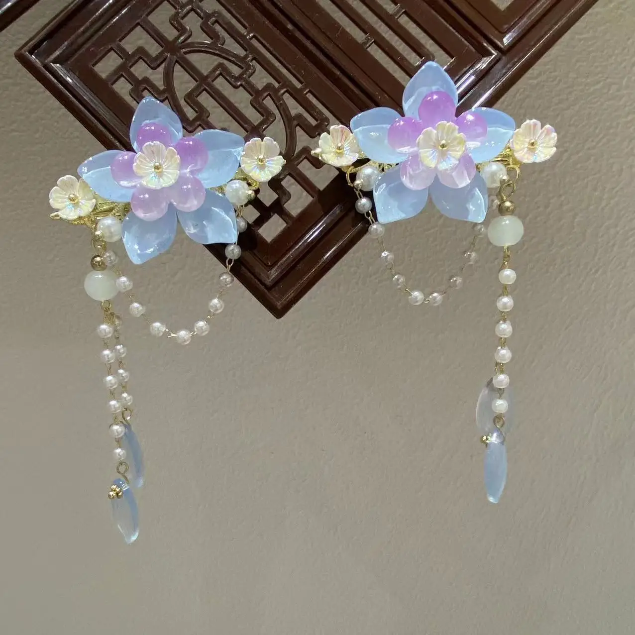 Blue Flower Hairpins Side Clips Retro Chinese Fashion Fringe Jewelry Long Tassel Pendant Headpiece for Women Girls Hanfu Dress