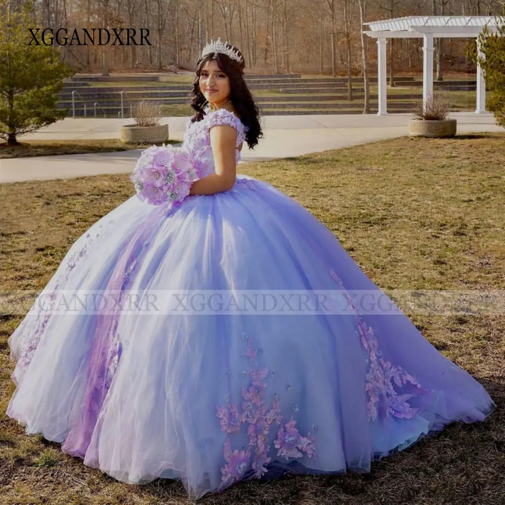 Vestidos lilas de quinceañera, vestido elegante con cuello en V, 3D Apliques de encaje de flores, dulce 15 16, fiesta de cumpleaños, con cordones, Espalda descubierta, regalo de Gala, 2023